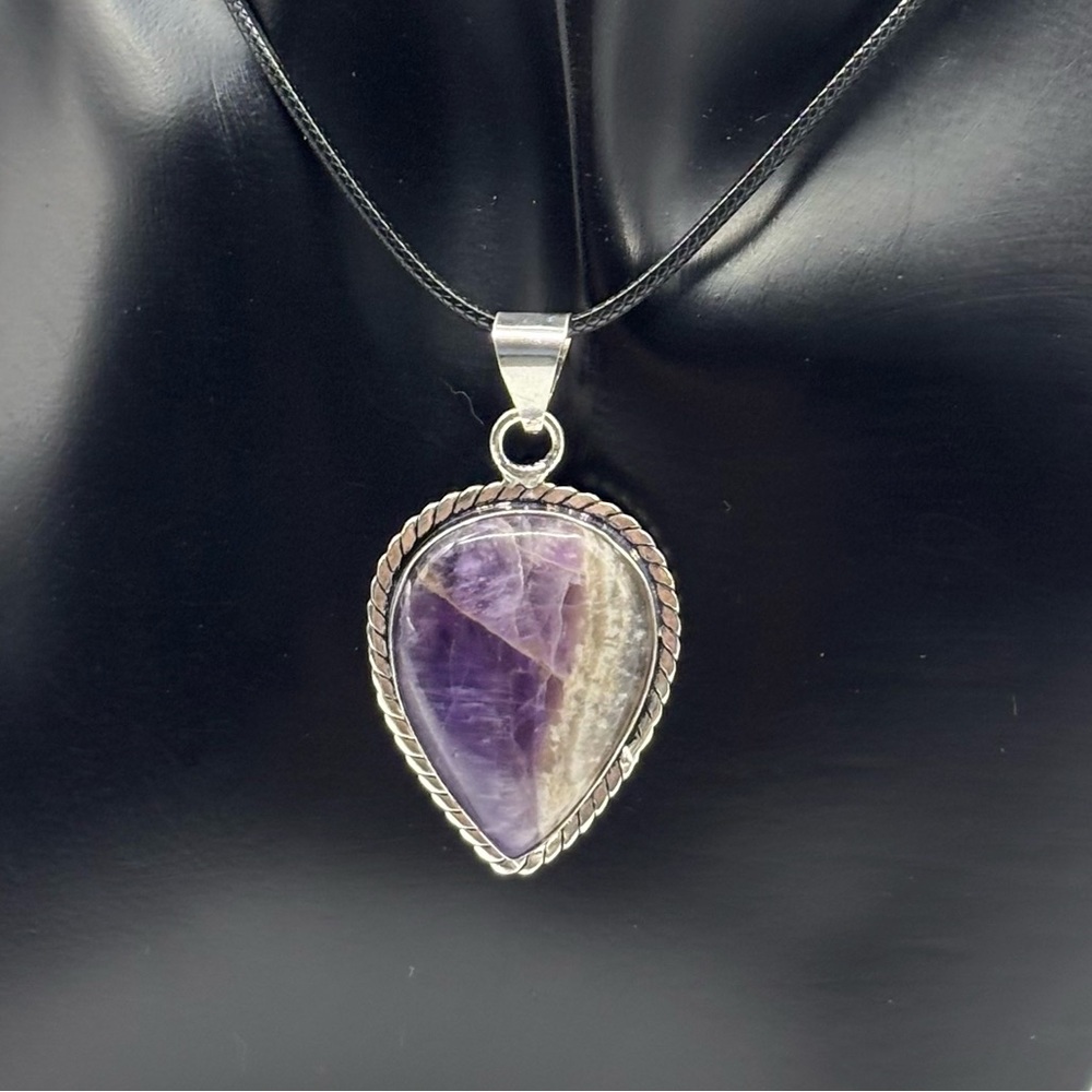 Amethyst Teardrop Sterling Silver Plated Pendant on Cord